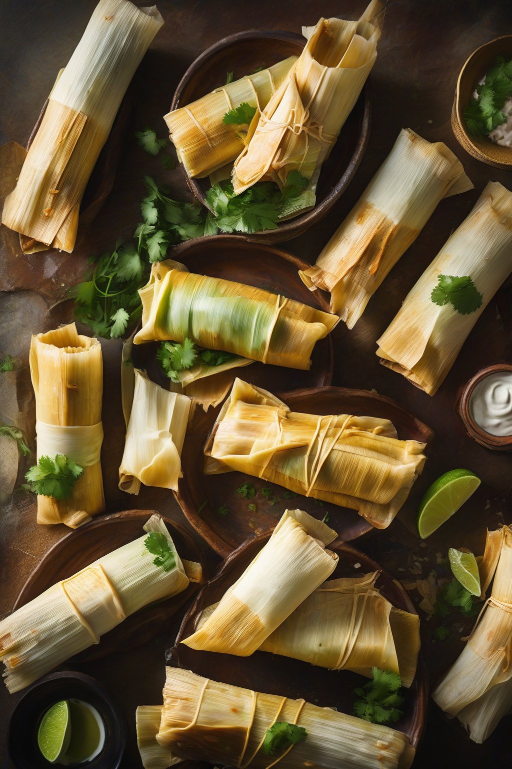 A high-resolution photo of steaming red pork tamales unwrapped on a corn husk, garnished with crema and cilantro, under soft lighting.