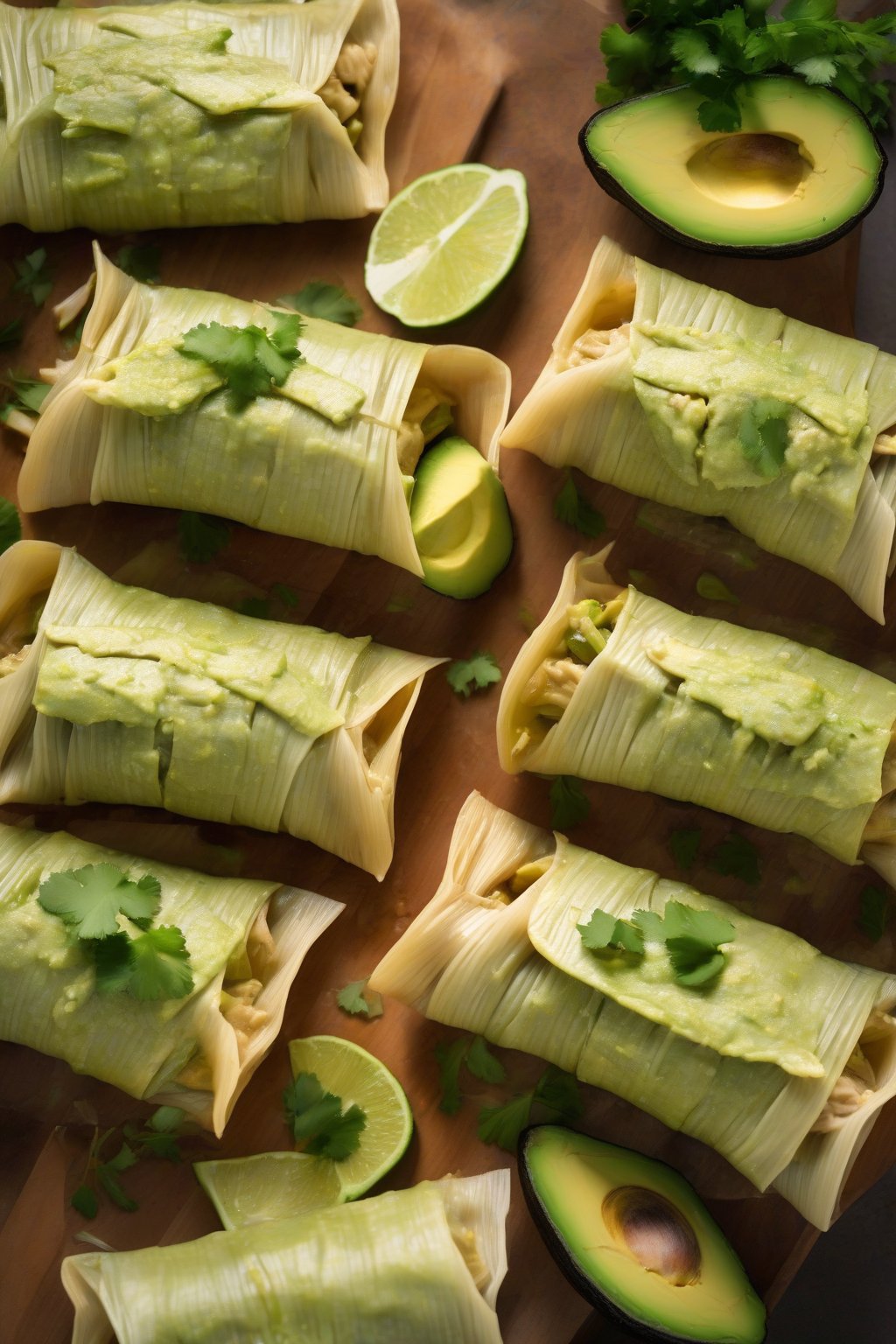A high-resolution photo of sliced green chicken tamales revealing juicy filling, topped with avocado slices, under soft lighting.