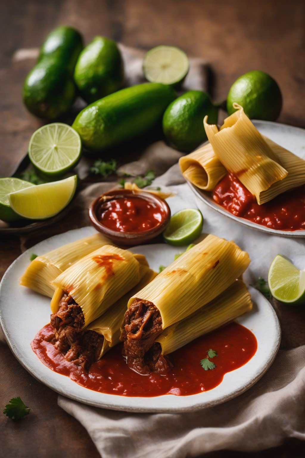 A high-resolution photo of unwrapped beef tamales with rich red sauce oozing out, beside a lime wedge, under soft lighting.