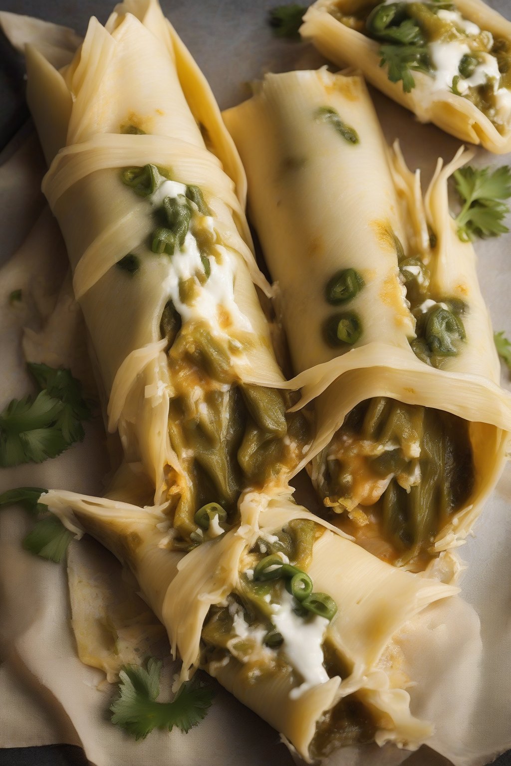 A high-resolution photo of cheesy poblano tamales split open, strings of cheese pulling apart, under soft lighting.