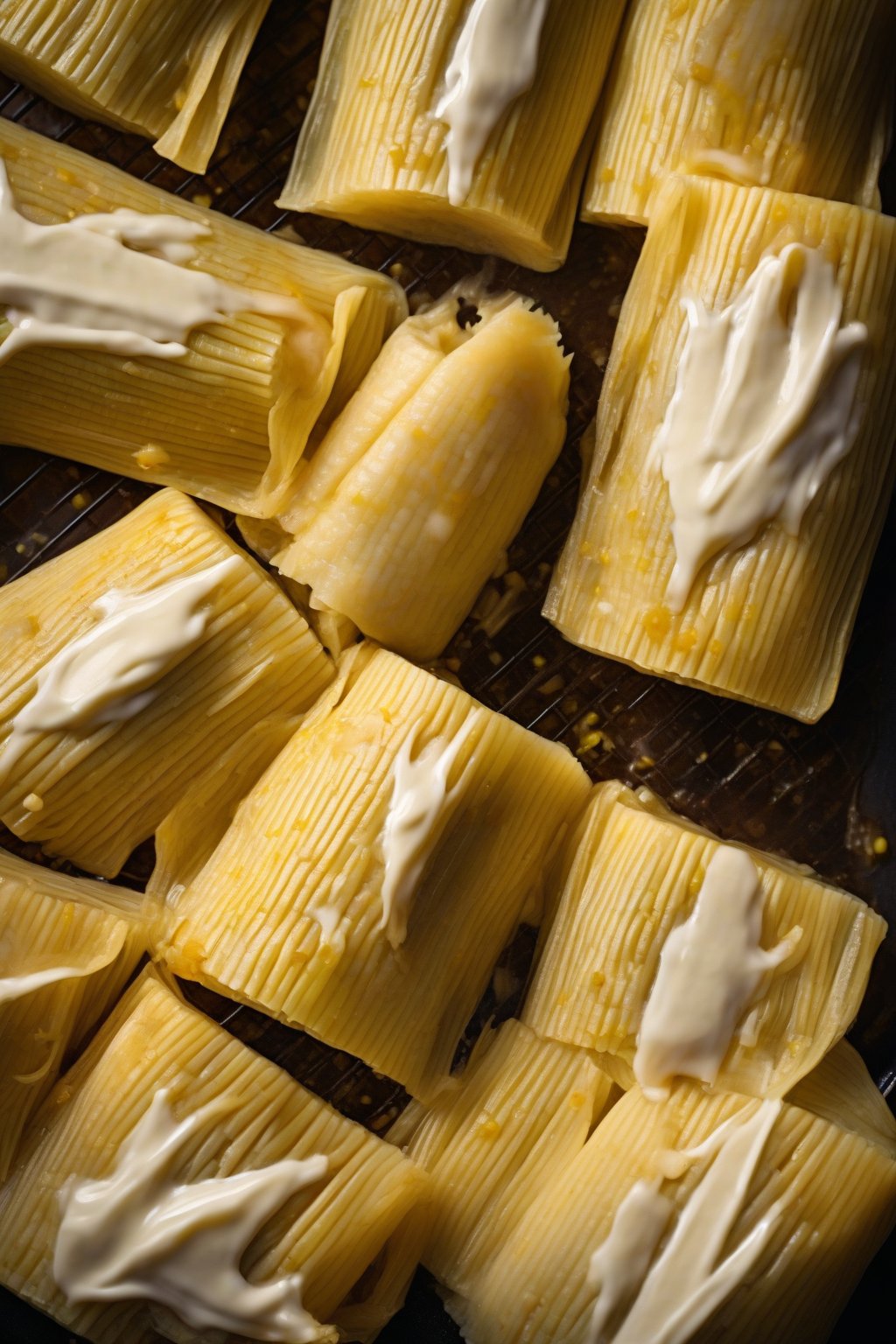 A high-resolution photo of golden sweet corn tamales steaming with butter melting on top, under soft lighting.