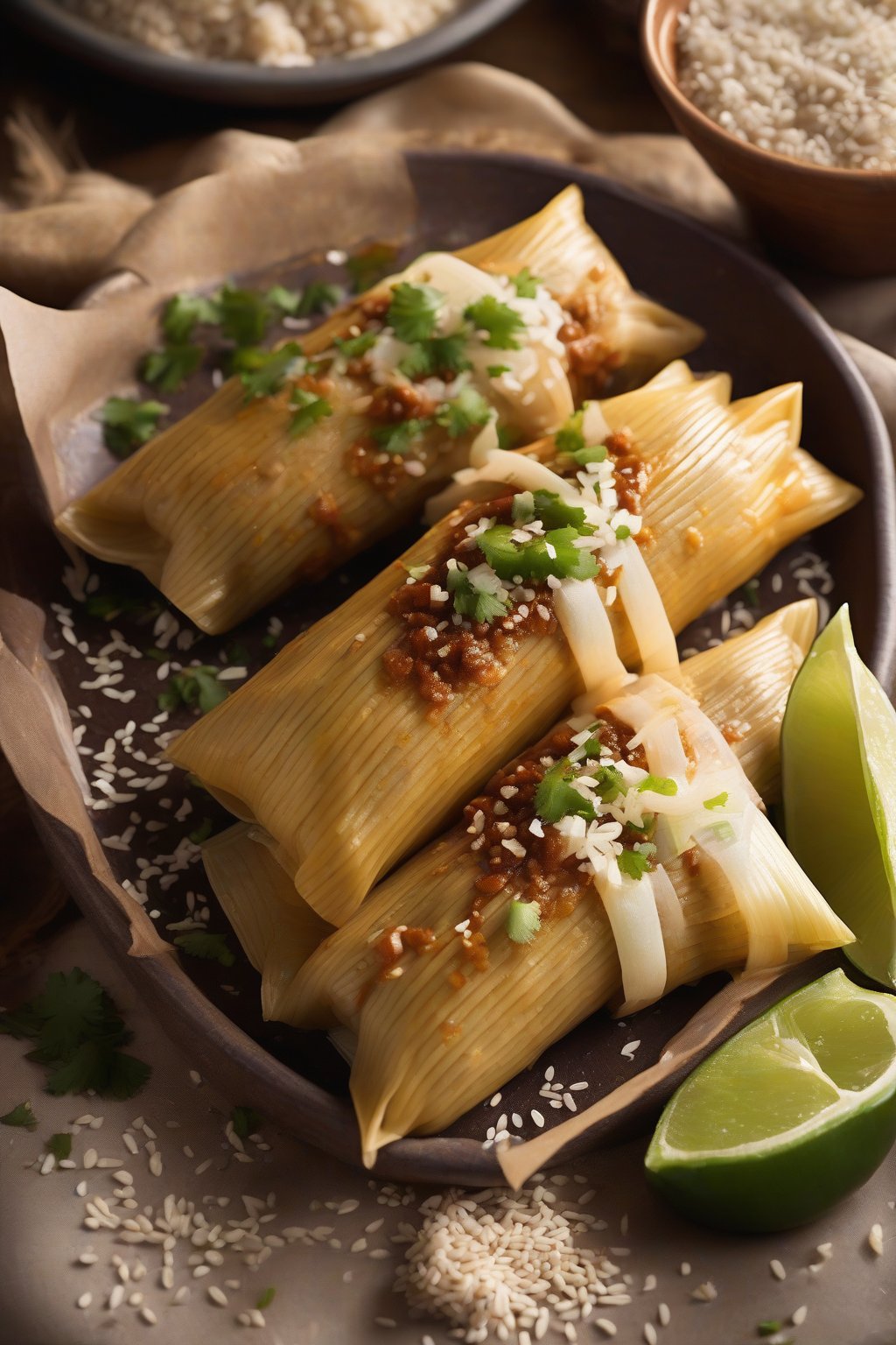 A high-resolution photo of mole-drenched chicken tamales garnished with sesame seeds and onion, under soft lighting.