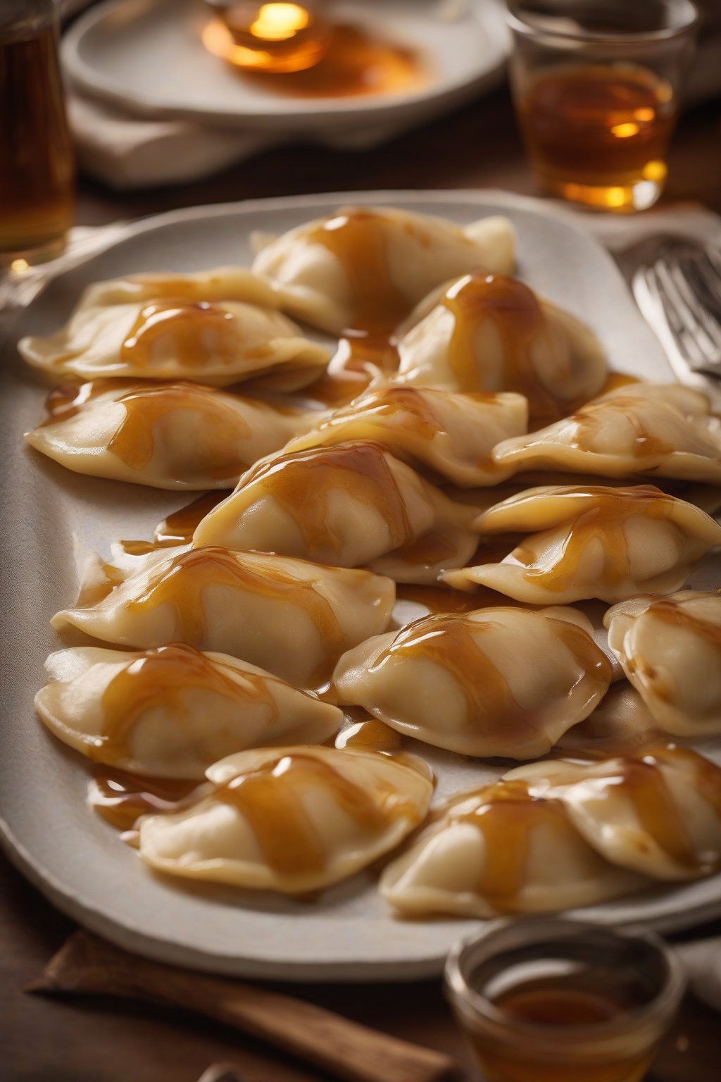 A high-resolution photo of sweet potato apple perogies warm on a table, with maple syrup drizzle, under soft lighting.