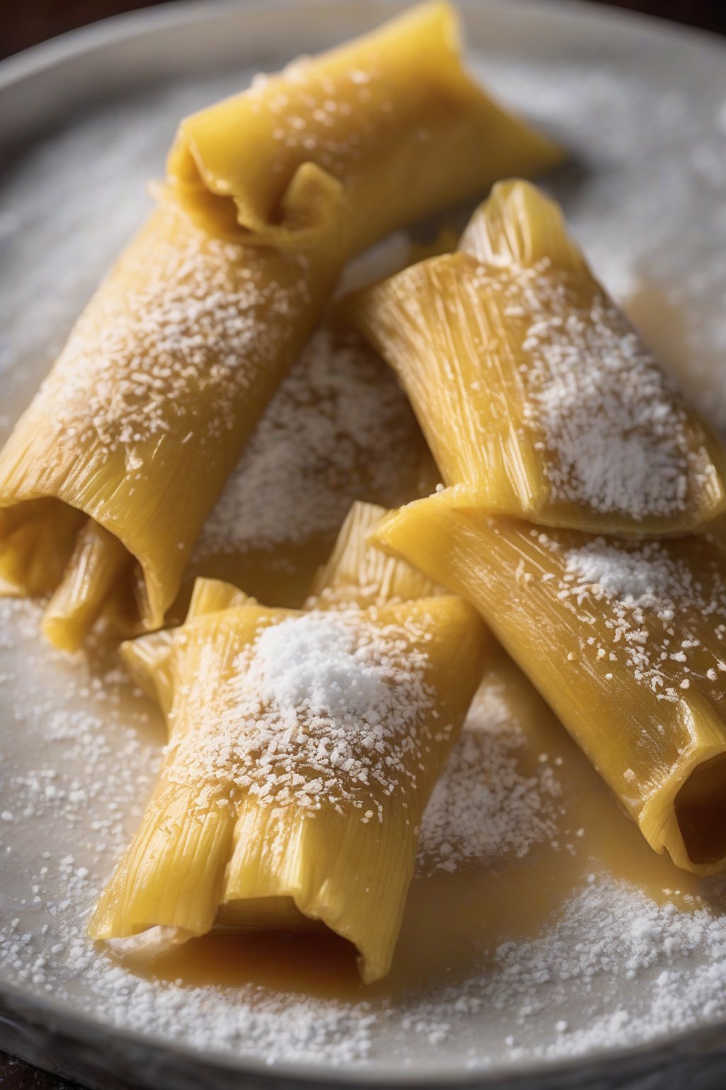 A high-resolution photo of pineapple tamales oozing fruit syrup, sprinkled with powdered sugar, under soft lighting.