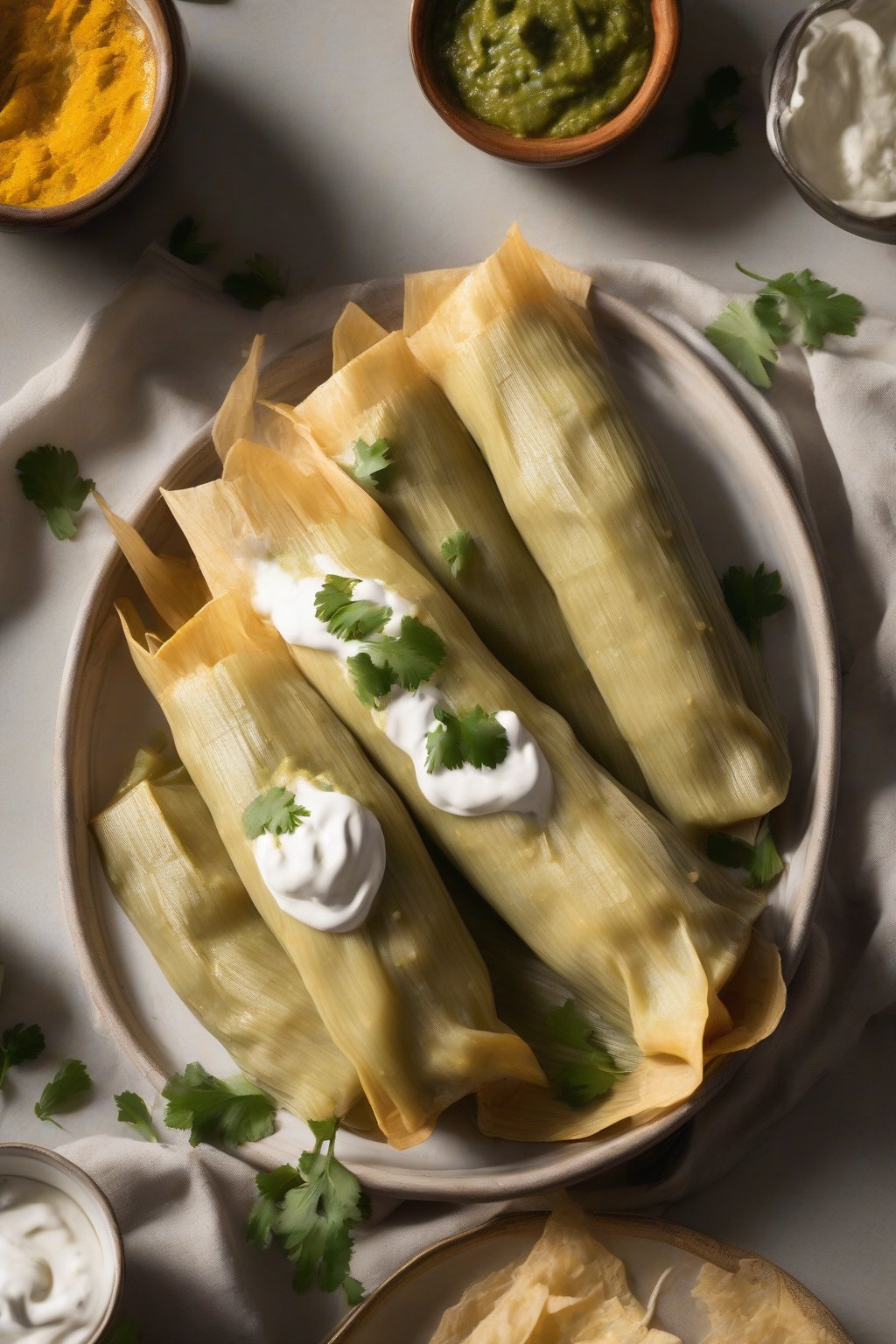 A high-resolution photo of creamy poblano tamales with golden masa edges, dollop of sour cream on top, under soft lighting.