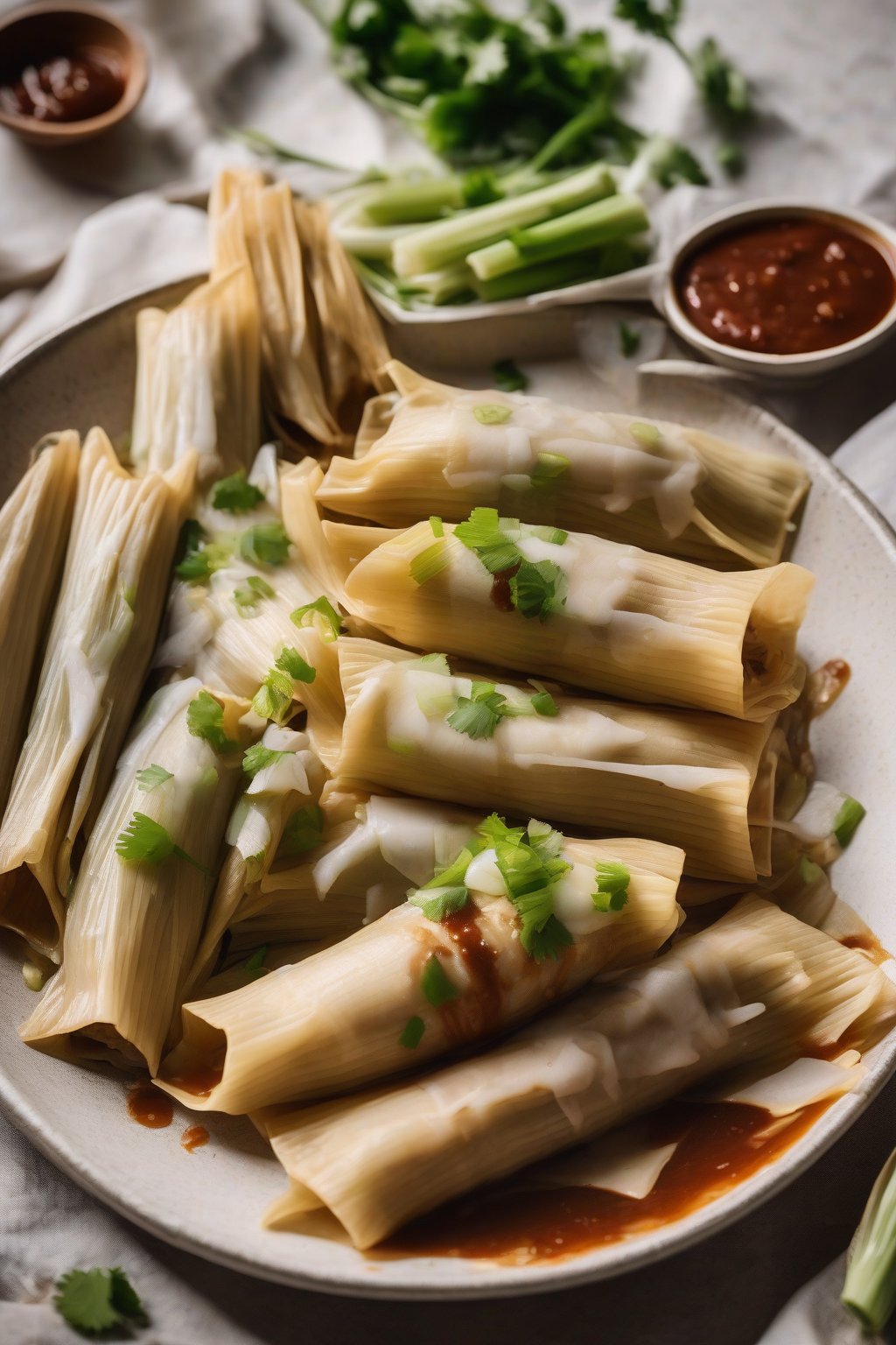 A high-resolution photo of shredded duck tamales with glossy sauce, green onions scattered, under soft lighting.