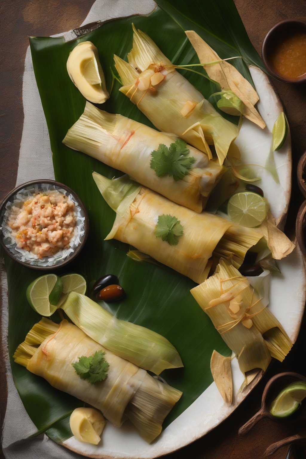 A high-resolution photo of fish tamales on banana leaves with olive garnish, under soft lighting.