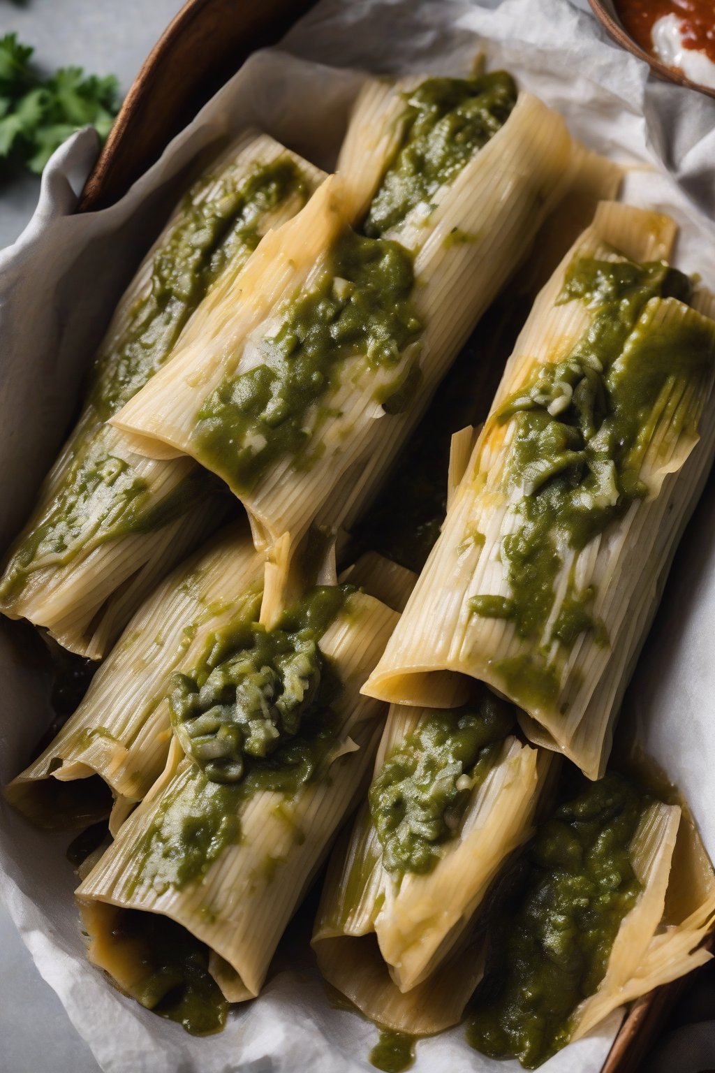 A high-resolution photo of black bean tamales sliced to show bean filling, salsa verde drizzle, under soft lighting.