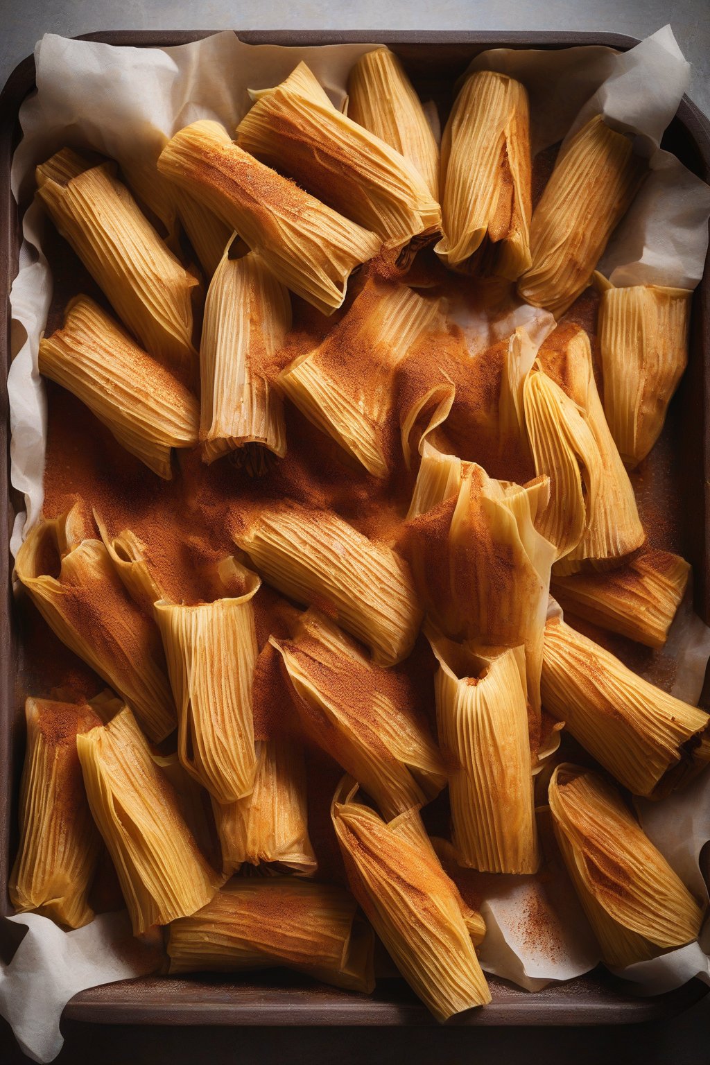 A high-resolution photo of orange sweet potato tamales with cinnamon dusting, under soft lighting.