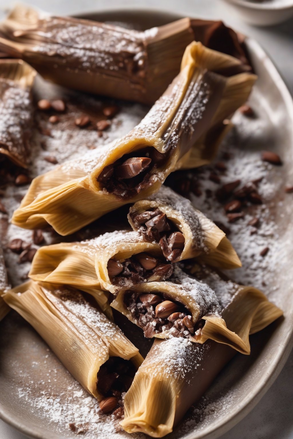 A high-resolution photo of chocolate tamales cracked open revealing nuts, powdered sugar top, under soft lighting.