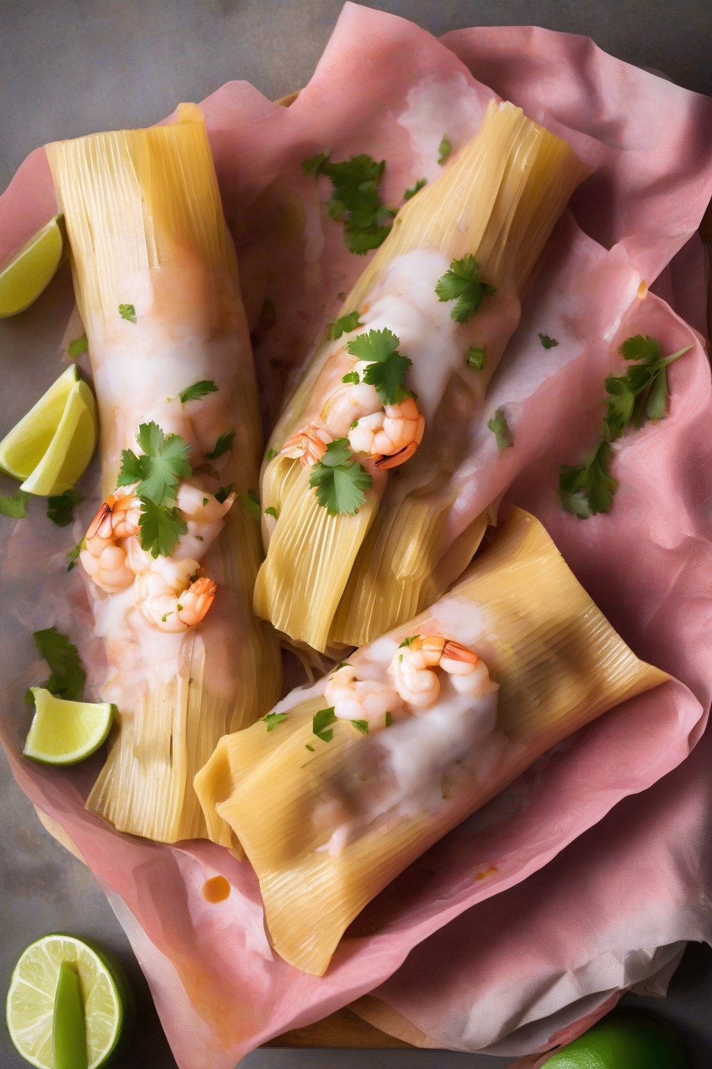 A high-resolution photo of pink shrimp tamales with smoky sauce, lime squeeze, under soft lighting.