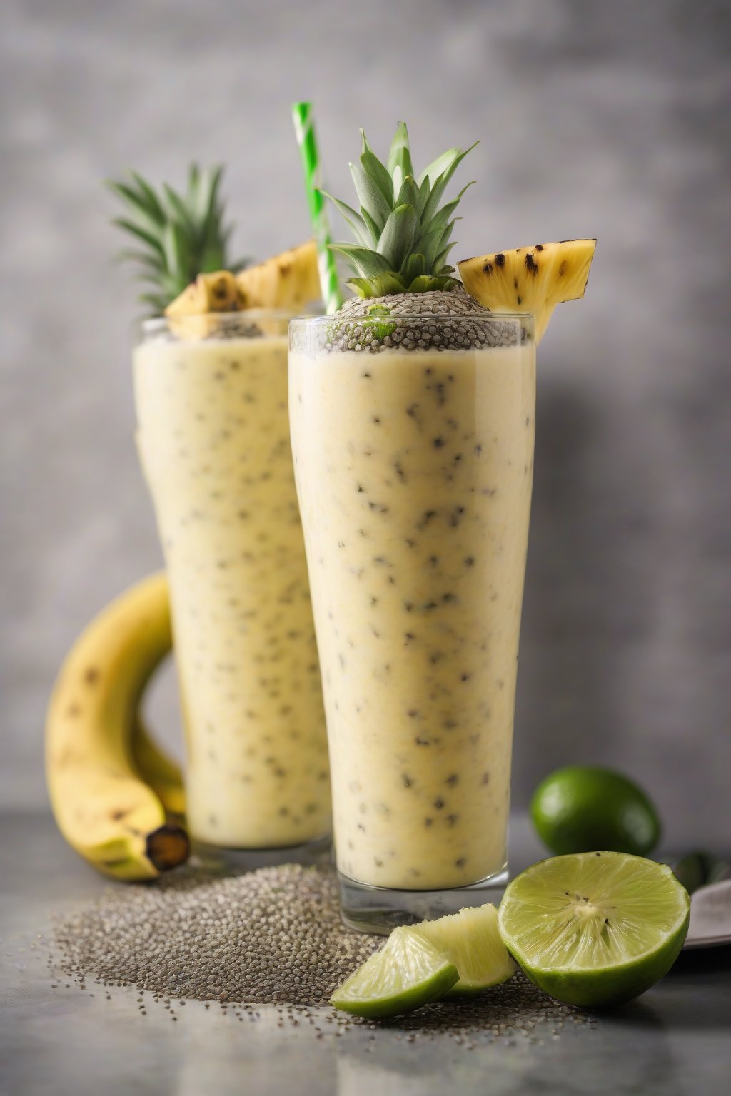 A high-resolution photo of a vibrant tropical banana pineapple smoothie in a tall glass, garnished with lime wedge and chia seeds, under soft lighting.