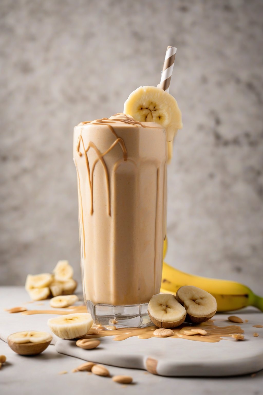 A high-resolution photo of a creamy peanut butter banana smoothie topped with peanut butter drizzle and banana slices, under soft lighting.