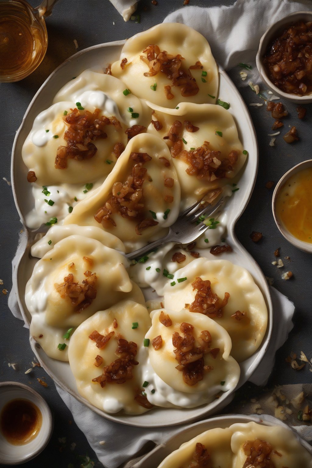A high-resolution photo of farmer's cheese perogies topped with caramelized onions and sour cream, under soft lighting.