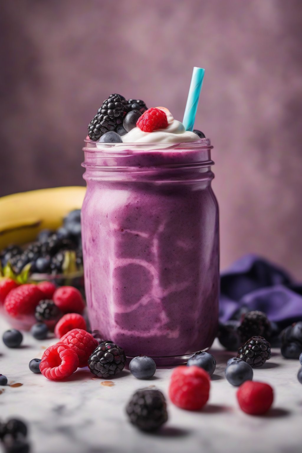 A high-resolution photo of a deep purple berry banana smoothie swirled with yogurt, fresh berries on top, under soft lighting.