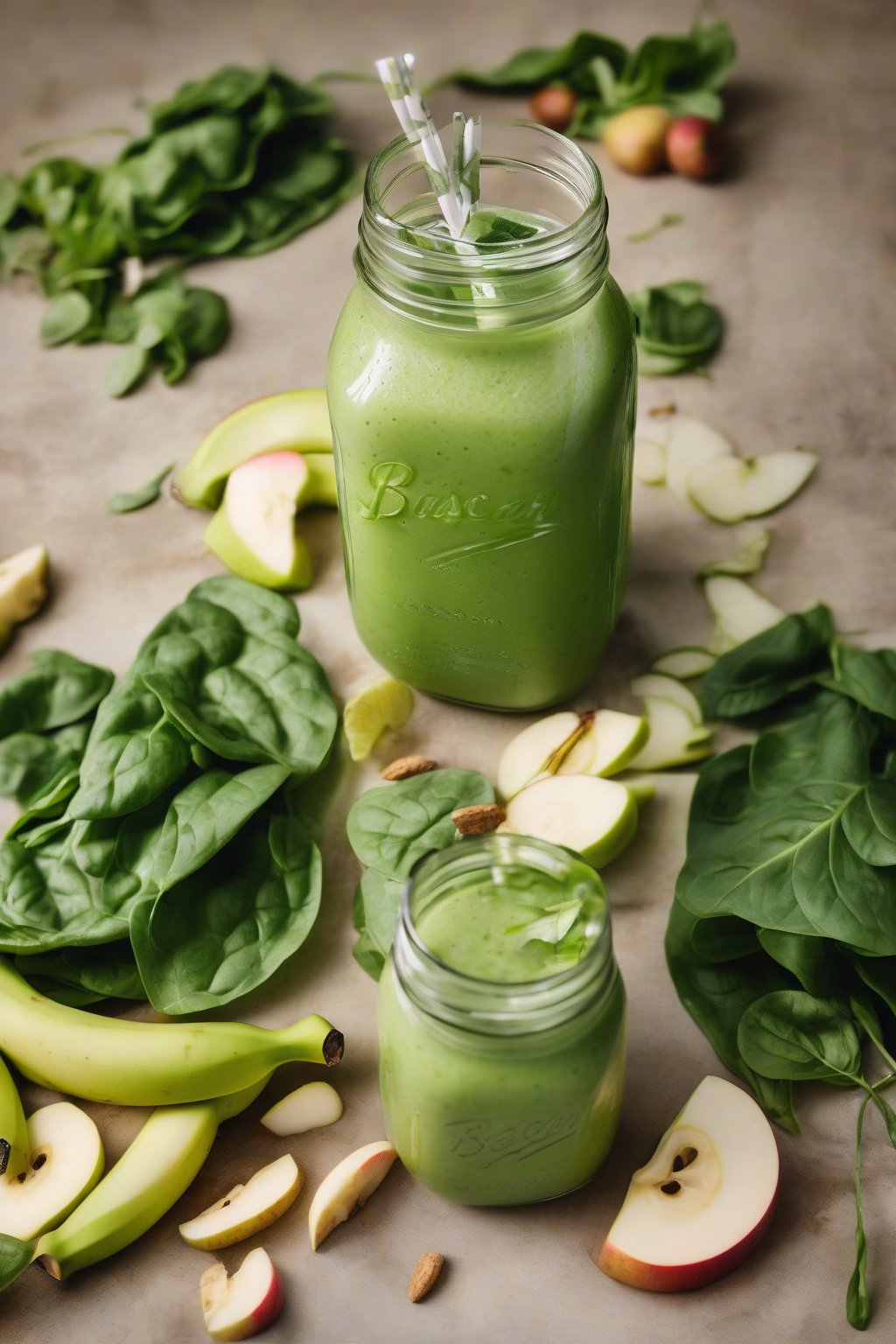 A high-resolution photo of a bright green spinach banana smoothie in a mason jar, with apple slices and ginger garnish, under soft lighting.