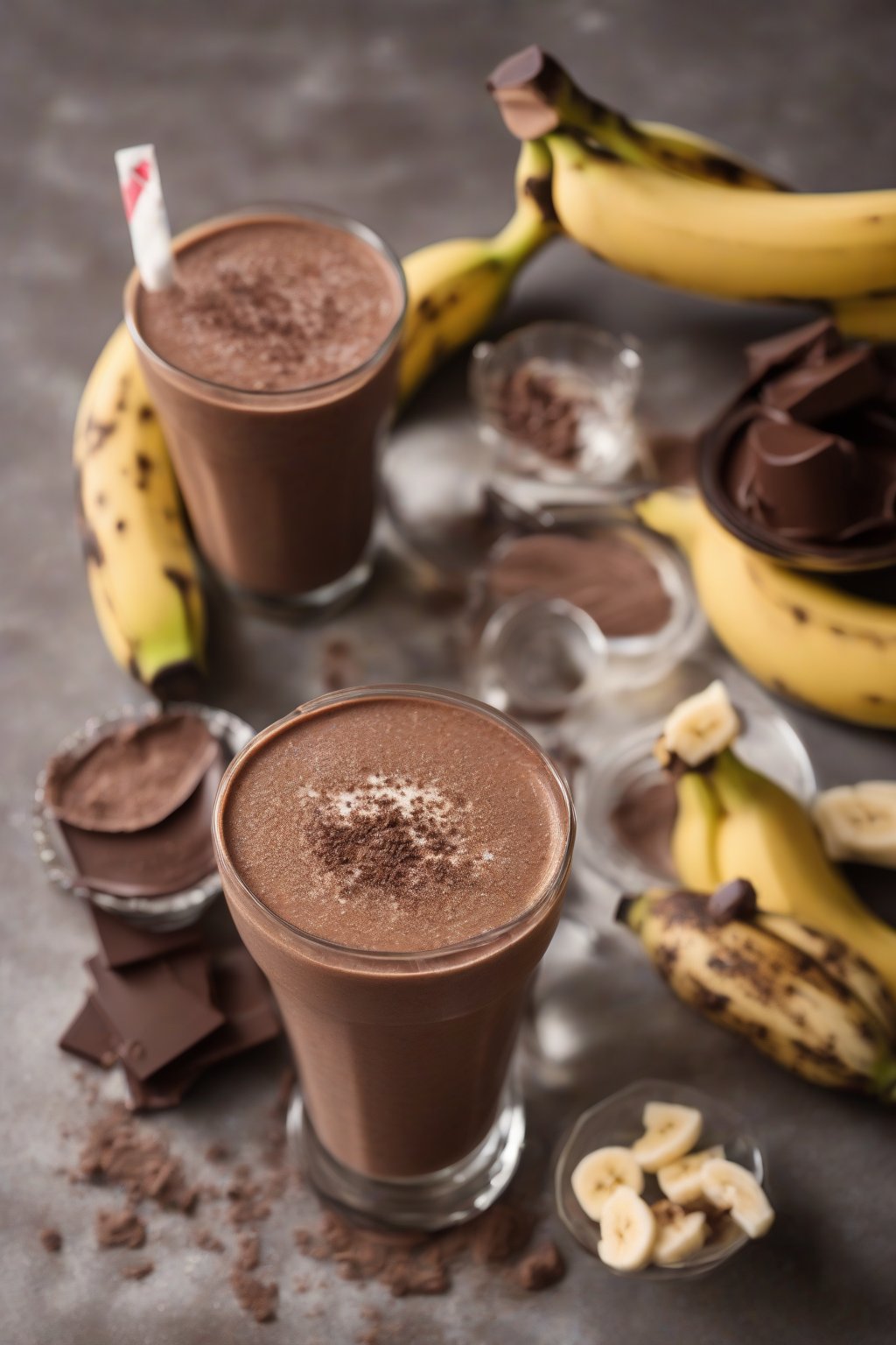 A high-resolution photo of a rich chocolate banana smoothie with cocoa dusting and banana wheel, under soft lighting.