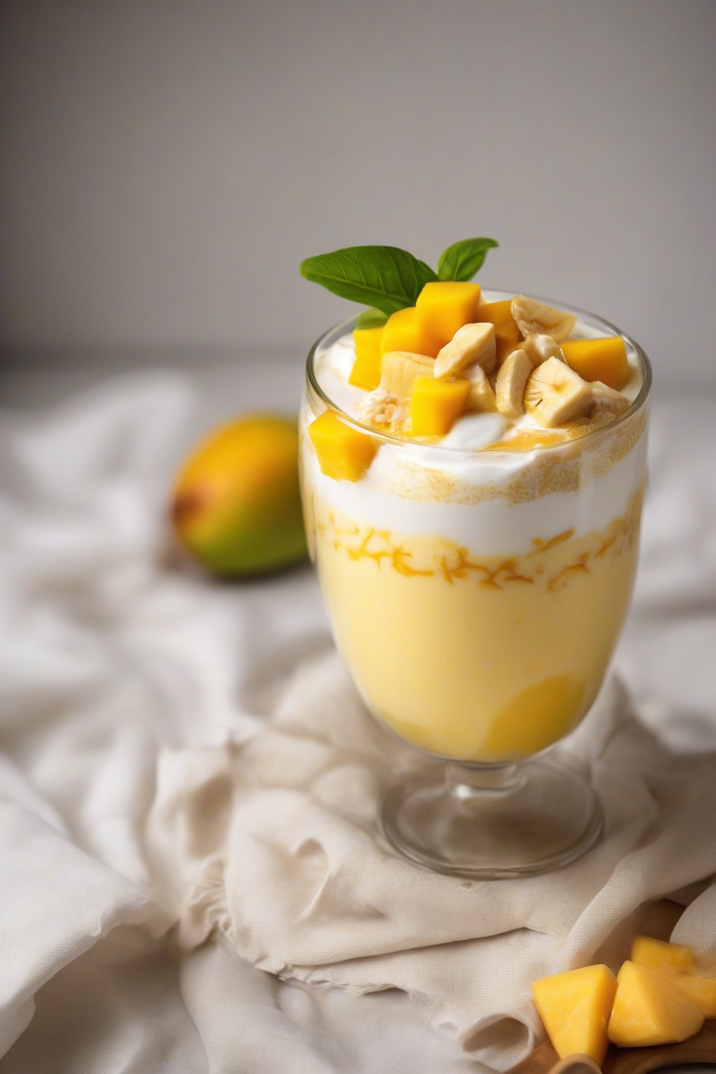 A high-resolution photo of a golden mango banana smoothie layered with yogurt, mango chunks on rim, under soft lighting.