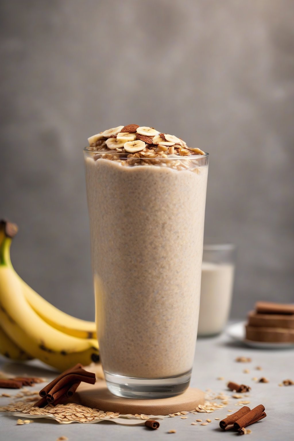 A high-resolution photo of a hearty oatmeal banana smoothie topped with oats and cinnamon, in a breakfast bowl-style glass, under soft lighting.