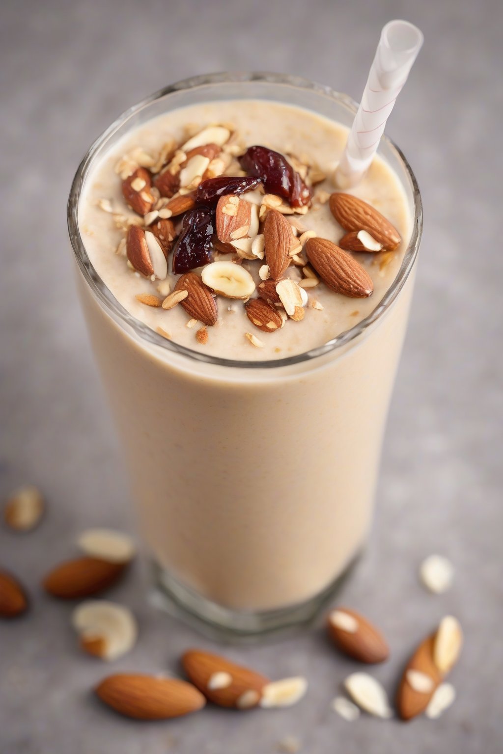 A high-resolution photo of a nutty almond banana smoothie with crushed almonds and date garnish, under soft lighting.