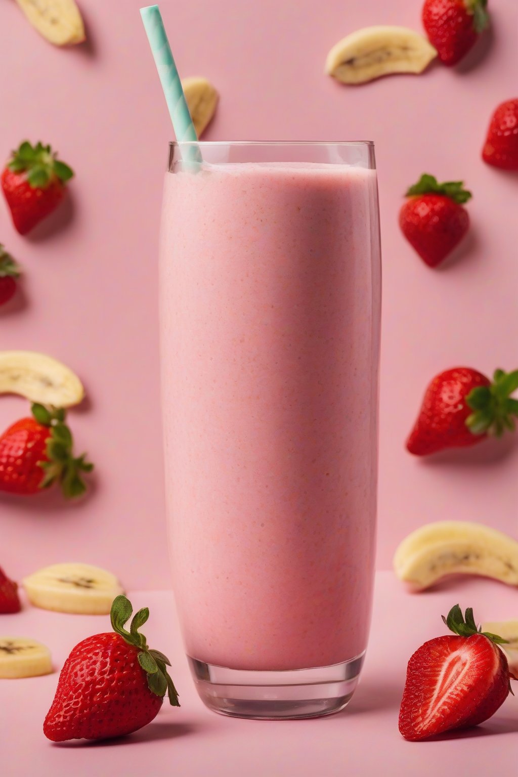 A high-resolution photo of a pink strawberry banana smoothie with whole strawberries and banana slice, under soft lighting.