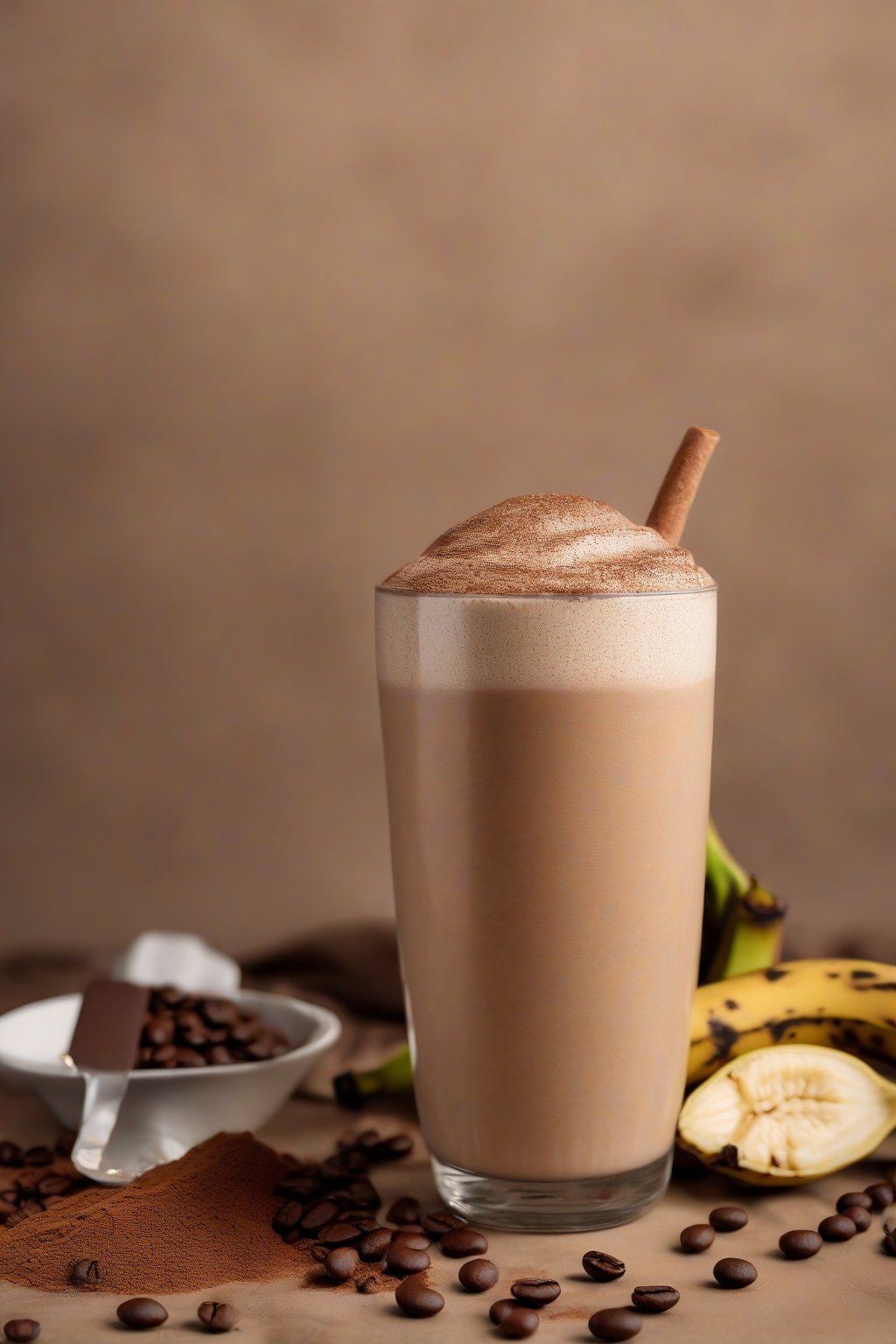 A high-resolution photo of a frothy coffee banana smoothie dusted with cocoa, coffee beans on top, under soft lighting.