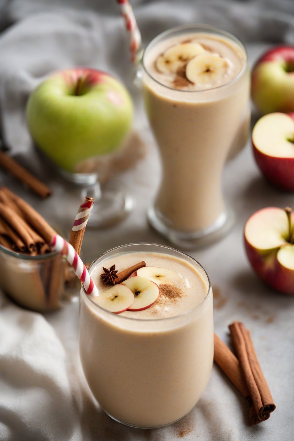 A high-resolution photo of a spiced apple banana smoothie with cinnamon stick and apple wedge, under soft lighting.