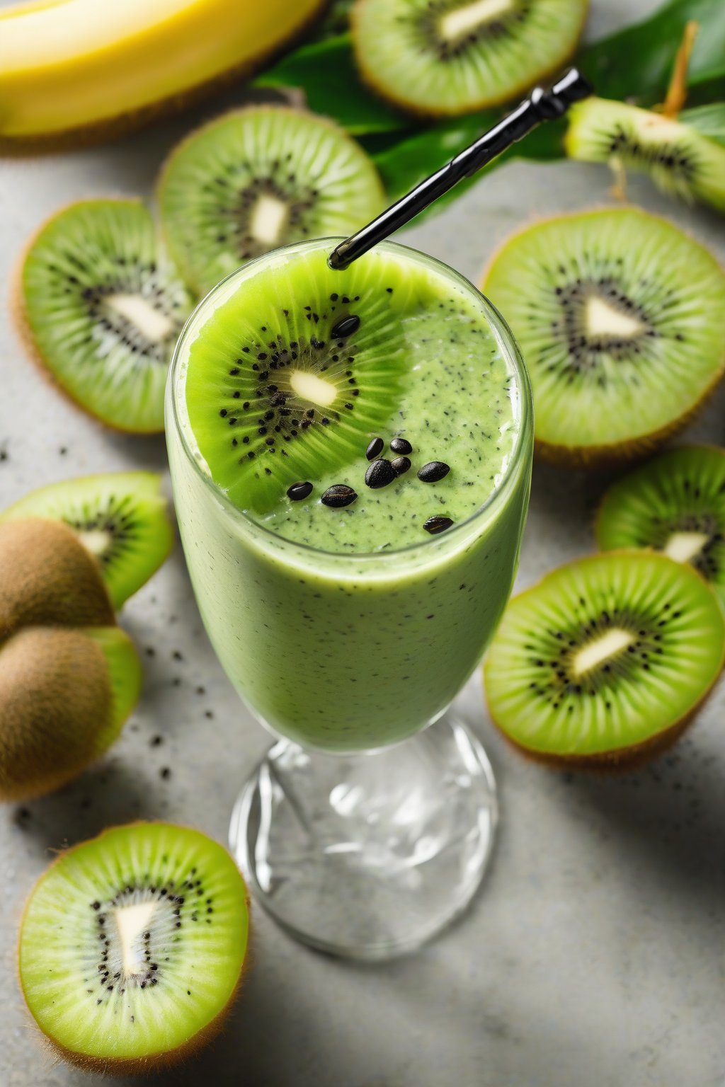 A high-resolution photo of a green kiwi banana smoothie flecked with black seeds, kiwi slice garnish, under soft lighting.