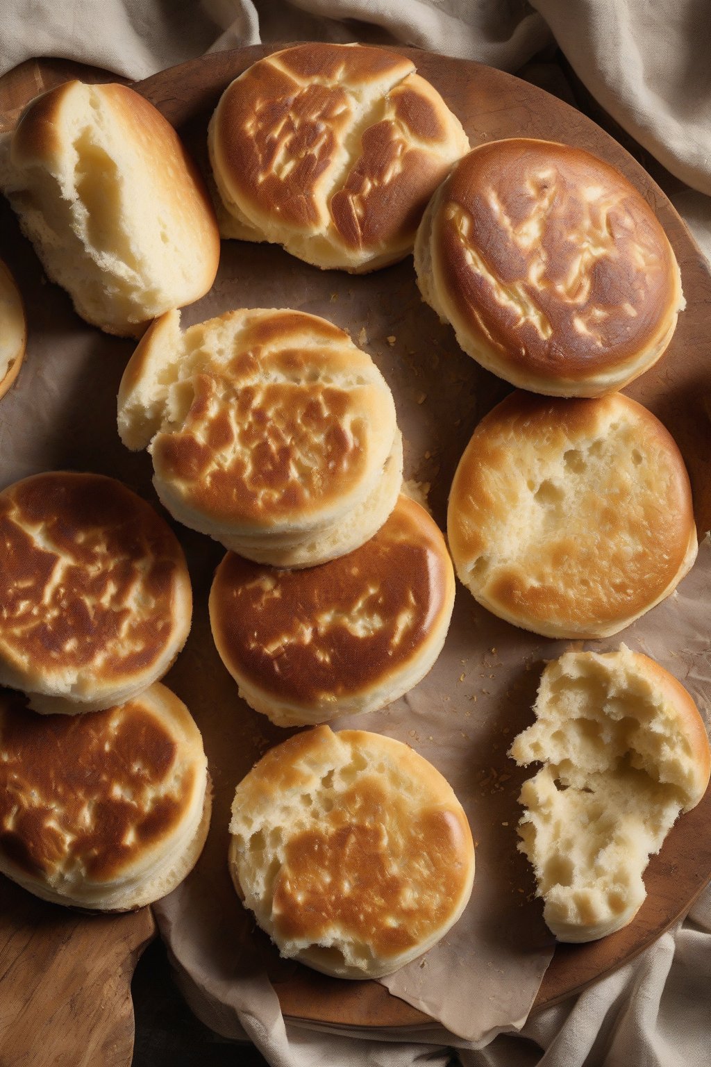 A high-resolution photo of golden classic English muffins split open with nooks and crannies, lightly toasted under soft lighting.