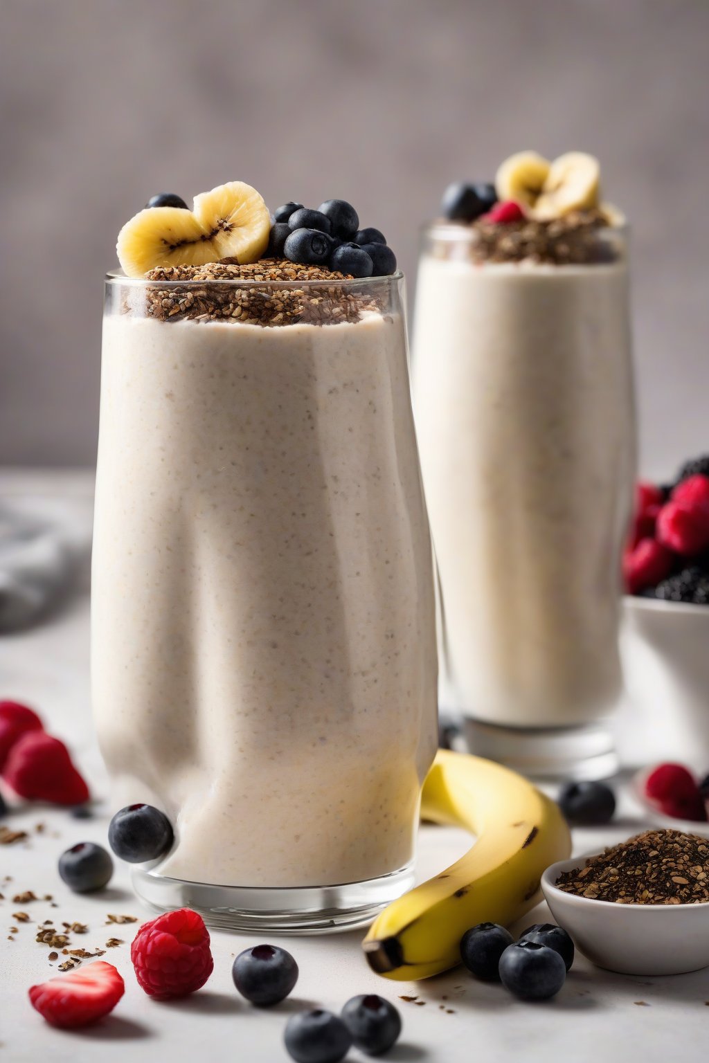 A high-resolution photo of a creamy yogurt banana smoothie with flax sprinkle and berries, under soft lighting.