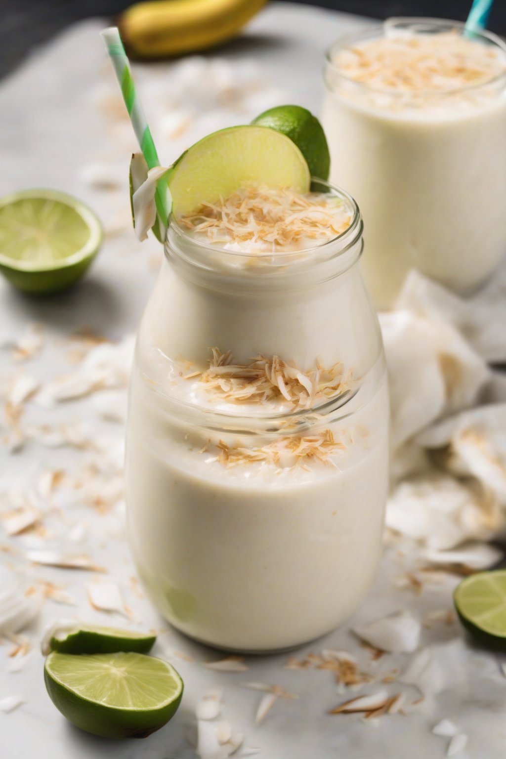 A high-resolution photo of a white coconut banana smoothie with toasted coconut and lime zest, under soft lighting.