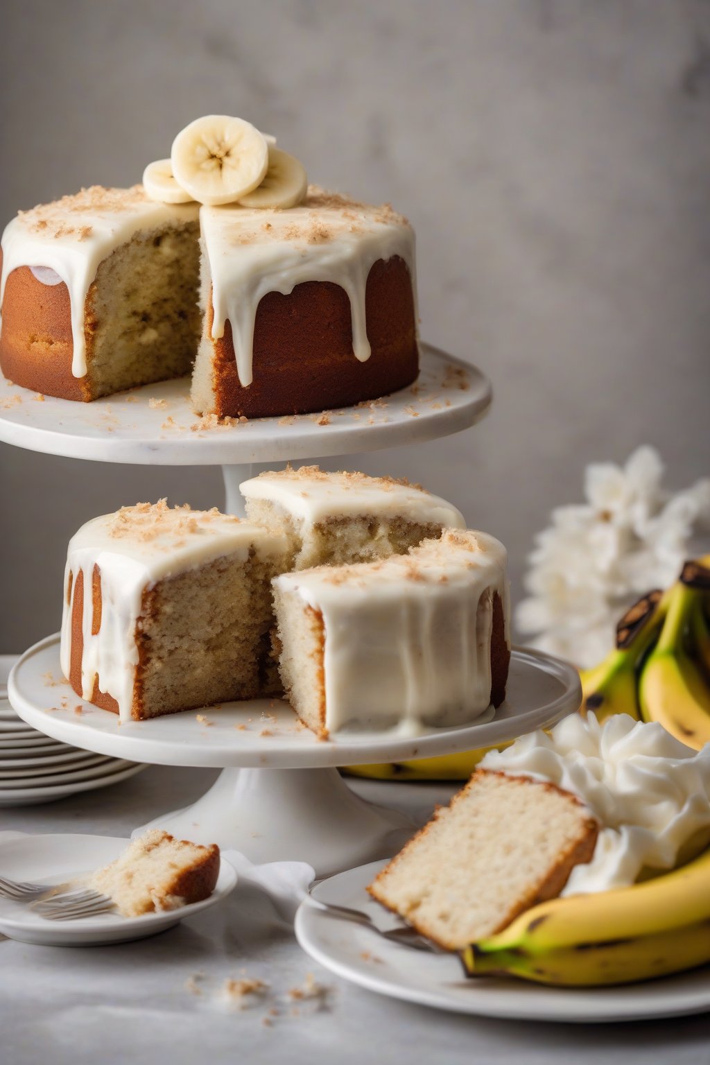 A high-resolution photo of a sliced classic banana cake with thick cream cheese frosting, revealing moist tender crumb, under soft lighting.
