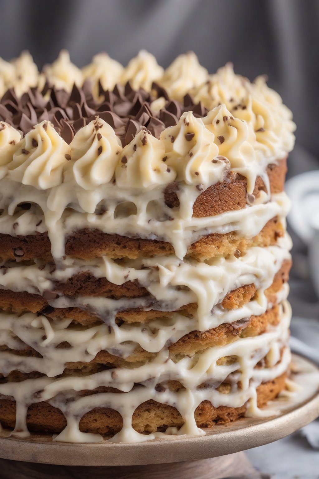 A high-resolution close-up of chocolate chip banana cake topped with swirls of vanilla buttercream, gooey chips peeking through tender layers, under soft lighting.