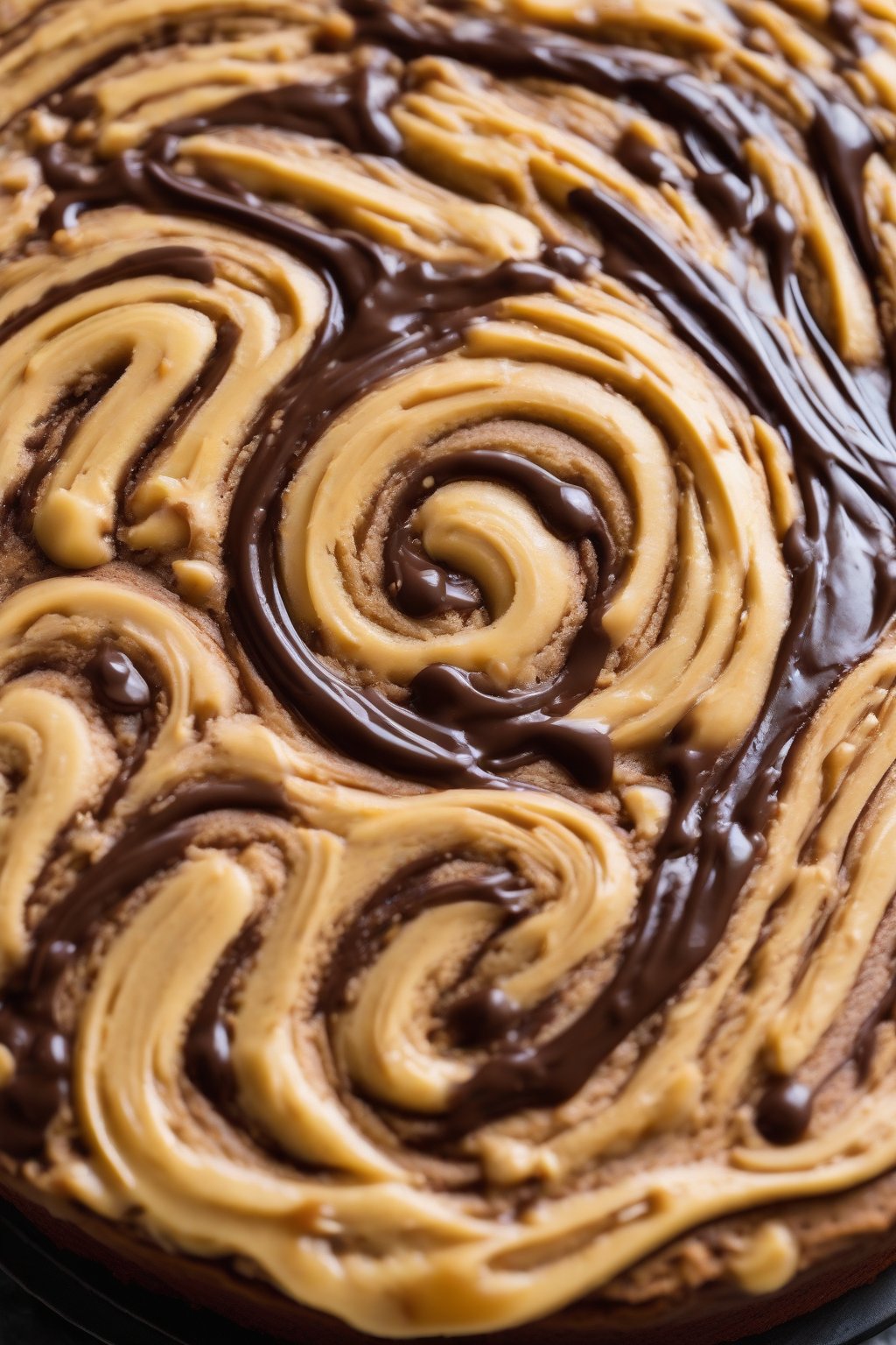 A high-resolution photo of peanut butter swirl banana cake with glossy chocolate frosting drizzle, cross-section showing tender swirls, under soft lighting.