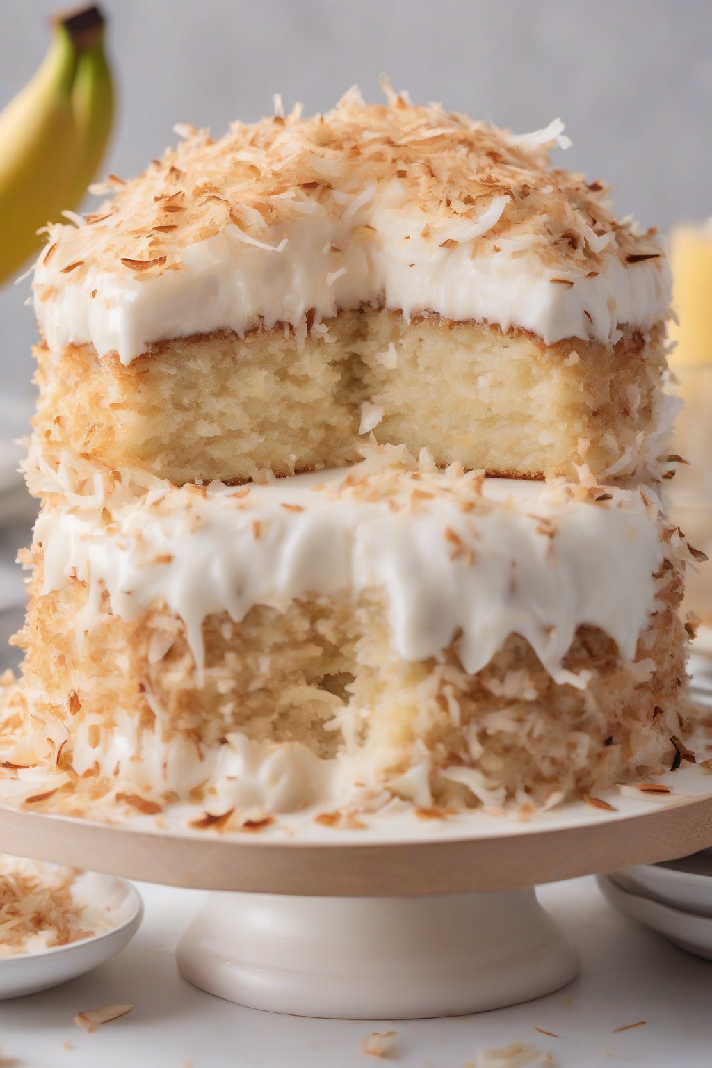 A high-resolution photo of coconut banana cake with fluffy cream frosting and toasted coconut topping, soft tender interior visible, under soft lighting.