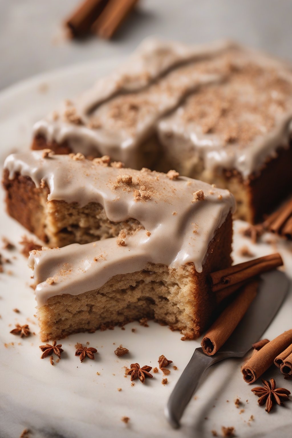 A high-resolution close-up of spiced banana cake slice with cinnamon-dusted maple frosting, revealing ultra-tender spiced crumb, under soft lighting.