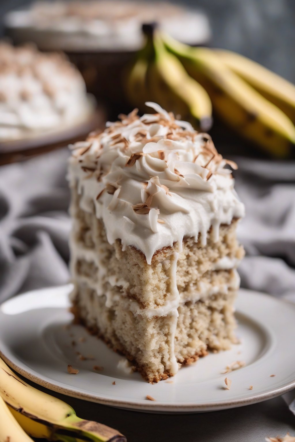 A high-resolution photo of vegan banana cake topped with airy coconut whipped frosting, moist tender layers shining through, under soft lighting.