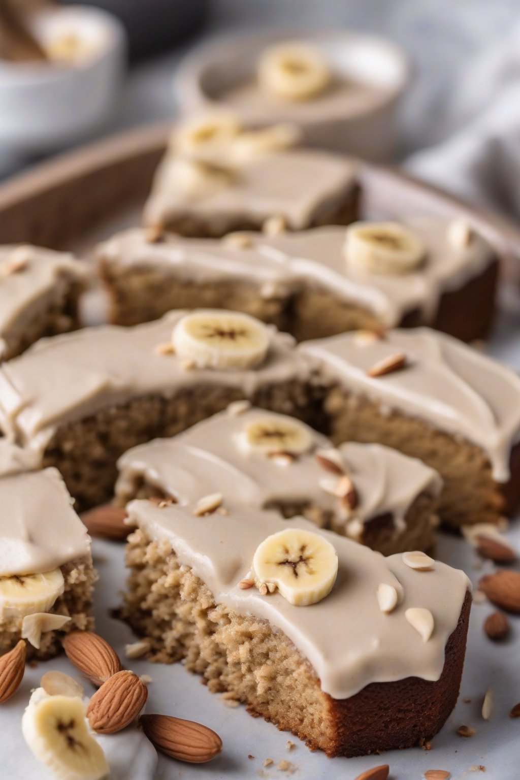 A high-resolution close-up of gluten-free banana cake with smooth almond butter frosting, tender crumb texture highlighted, under soft lighting.