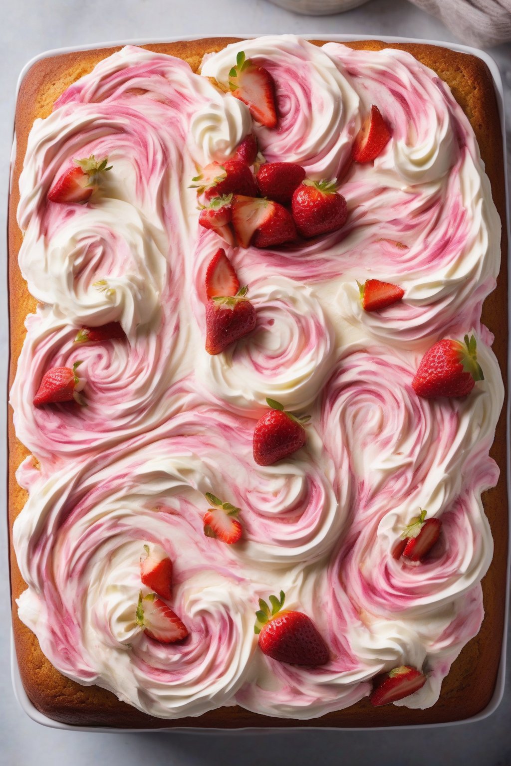A high-resolution photo of strawberry swirl banana cake with billowy whipped cream frosting, pink swirls in tender cake visible, under soft lighting.