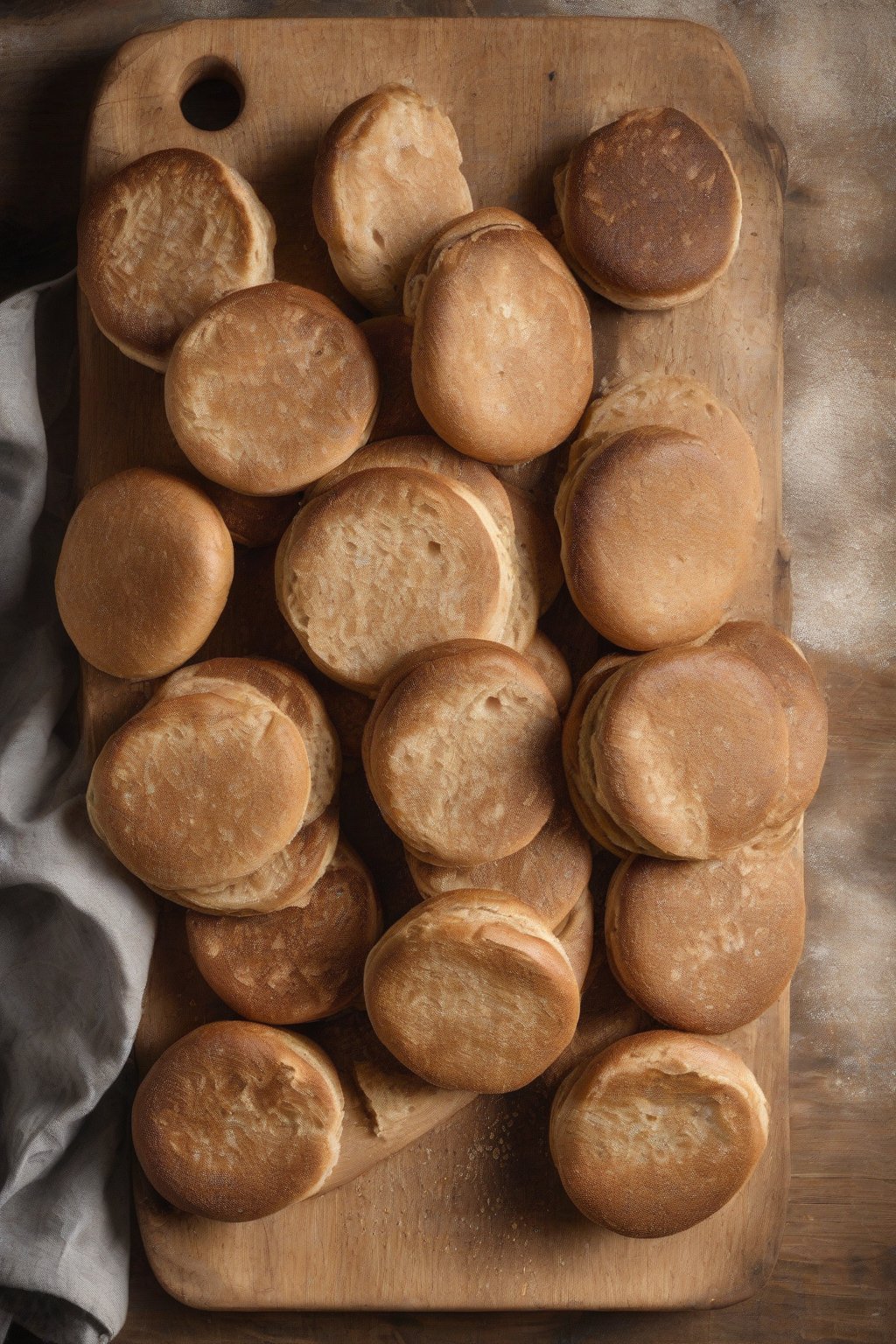 A high-resolution photo of whole wheat English muffins stacked on a wooden board, showing rustic texture under soft lighting.