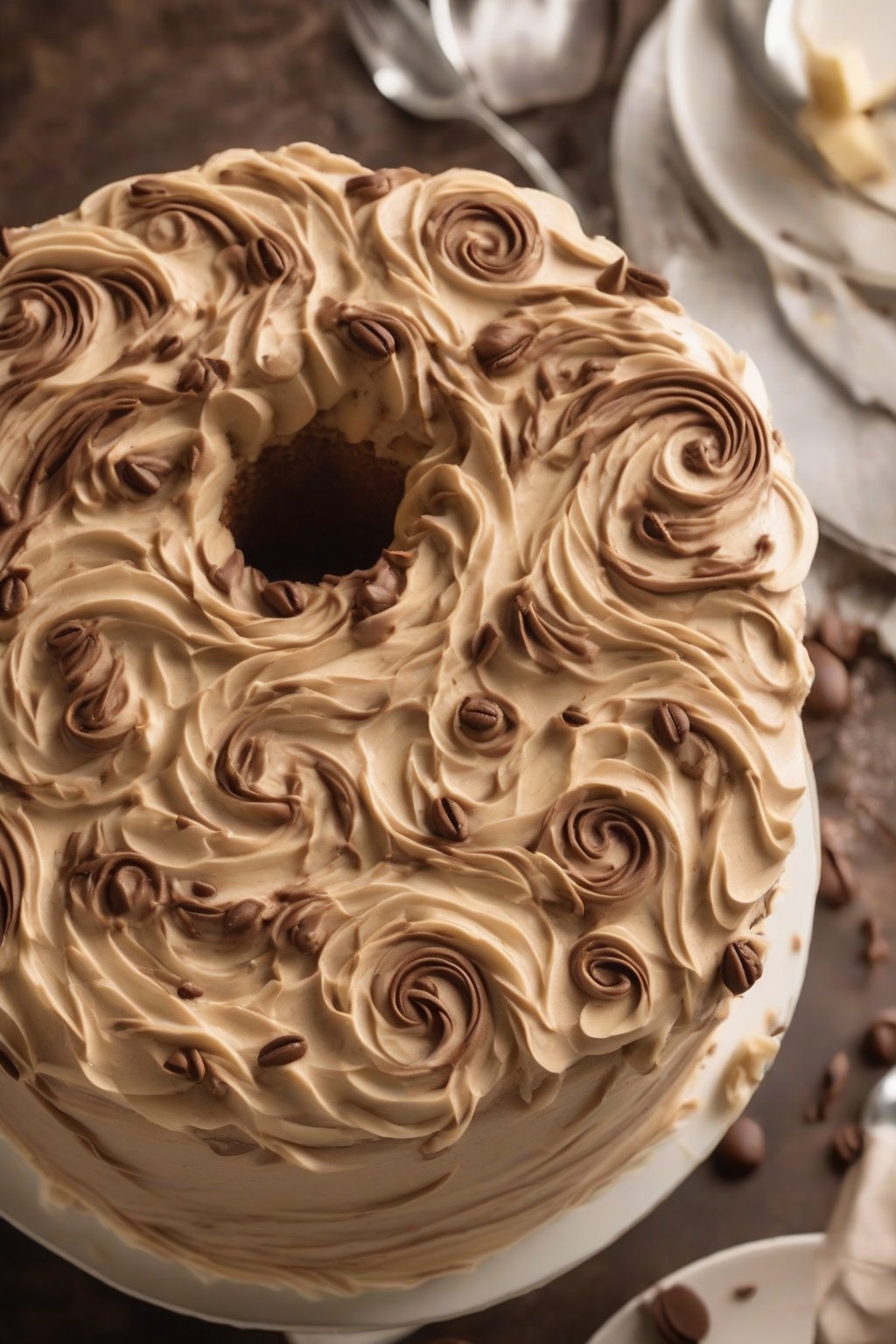 A high-resolution close-up of mocha banana cake with coffee buttercream swirls, rich tender interior, under soft lighting.