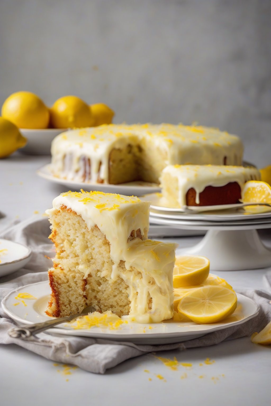 A high-resolution photo of lemon zest banana cake topped with vibrant citrus frosting, tender slices showing zest flecks, under soft lighting.