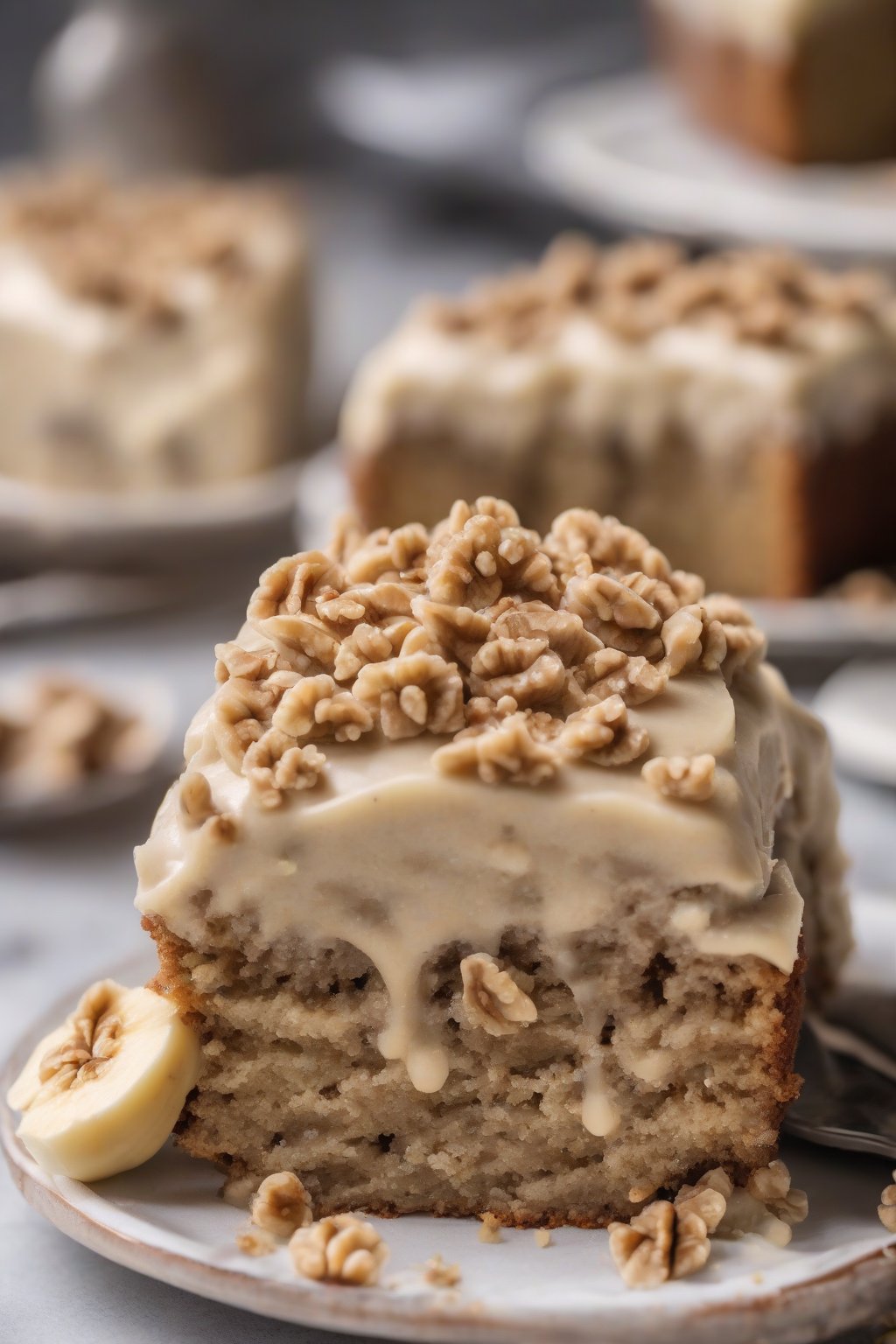 A high-resolution close-up of walnut banana cake with nutty brown butter frosting, crunch and tender crumb in slice, under soft lighting.