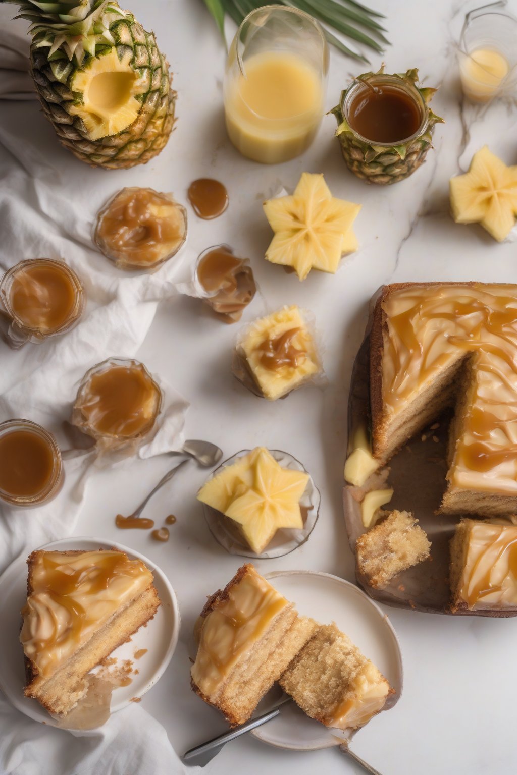 A high-resolution photo of pineapple banana cake with caramel-laced frosting, juicy tender layers exposed, under soft lighting.