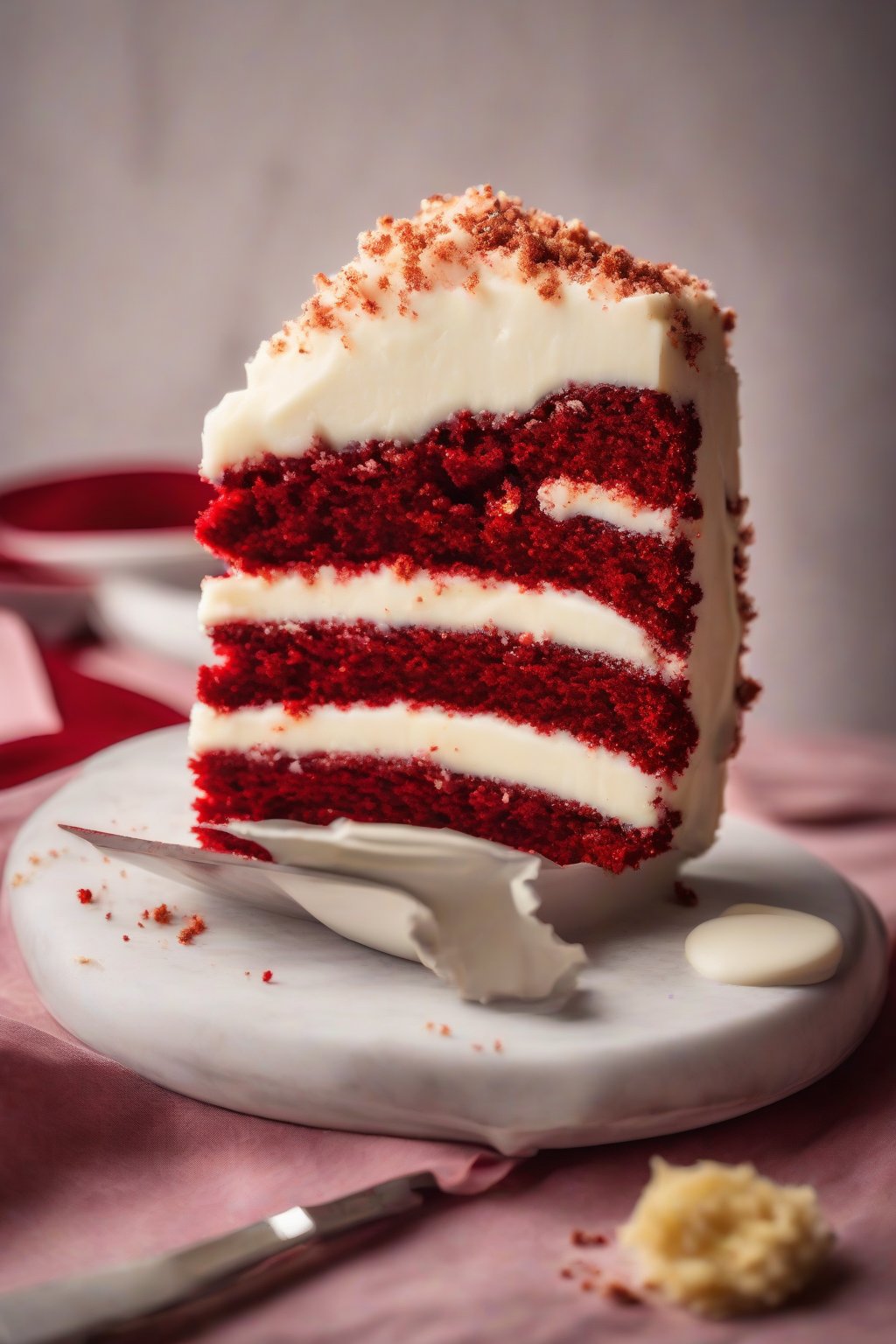 A high-resolution close-up of red velvet banana cake slice with cream cheese frosting, vibrant tender red crumb, under soft lighting.