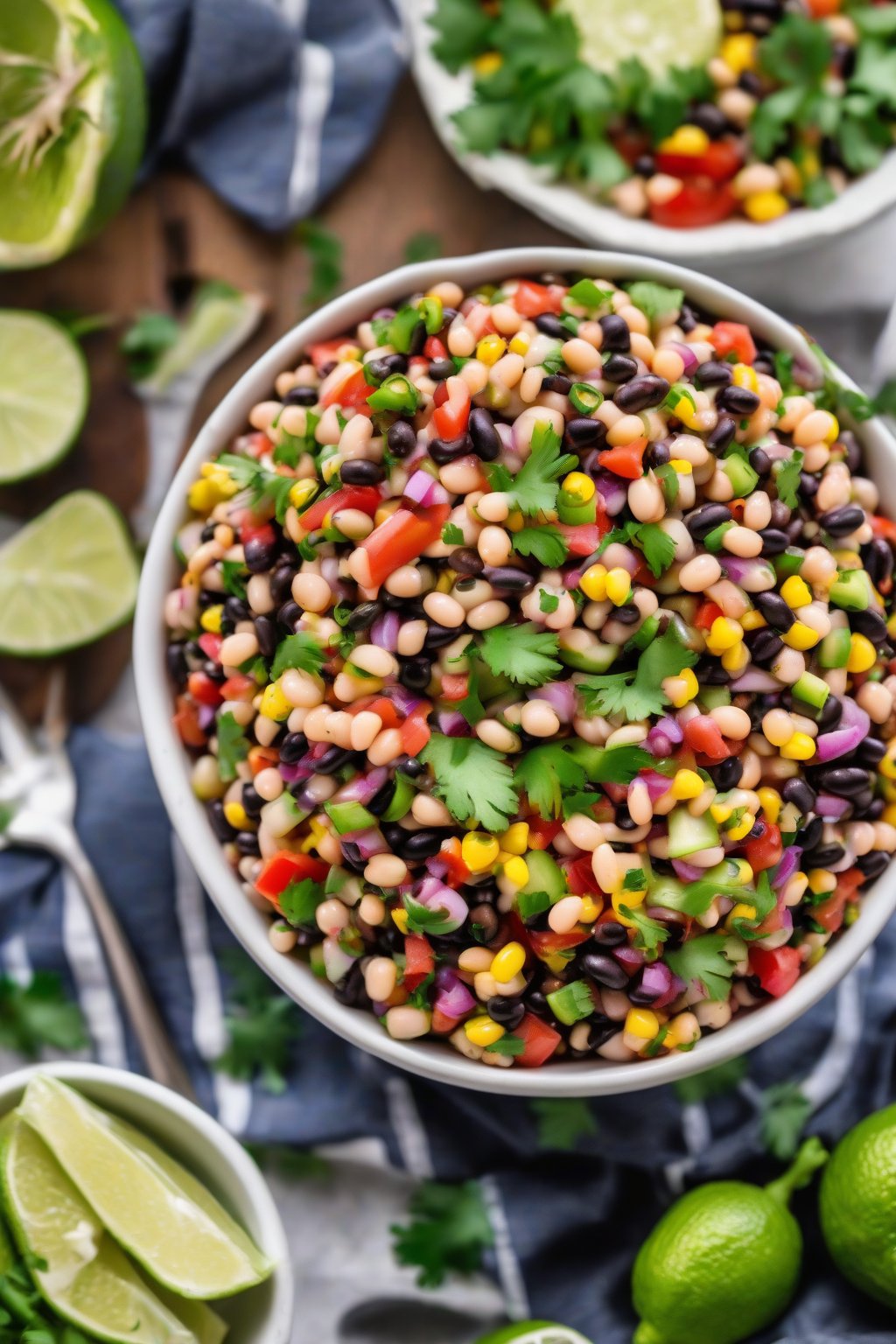 A high-resolution photo of classic Cowboy Caviar in a white bowl, brimming with colorful diced veggies and beans, garnished with lime wedges under soft lighting.