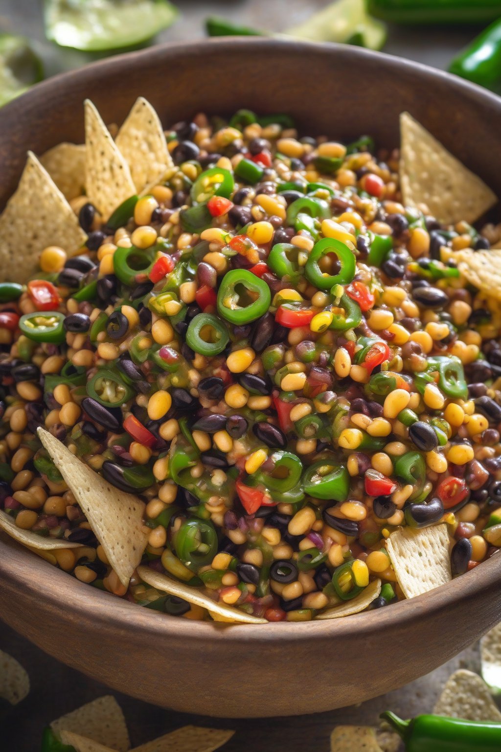 A high-resolution photo of spicy jalapeño Cowboy Caviar piled high in a rustic bowl, green flecks of jalapeño shining, with tortilla chips nearby under soft lighting.