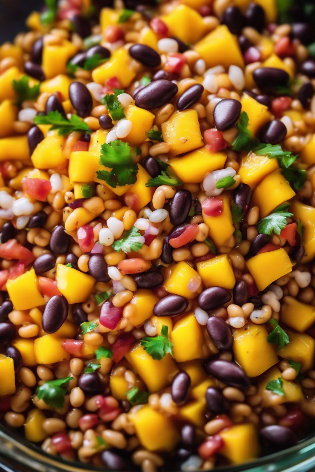 A high-resolution photo of tropical mango Cowboy Caviar overflowing a glass dish, vibrant orange mango chunks contrasting beans under soft lighting.