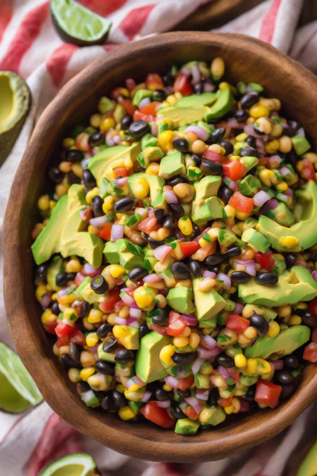 A high-resolution photo of avocado-overloaded Cowboy Caviar in a wooden bowl, creamy green avocado dominating the colorful mix under soft lighting.