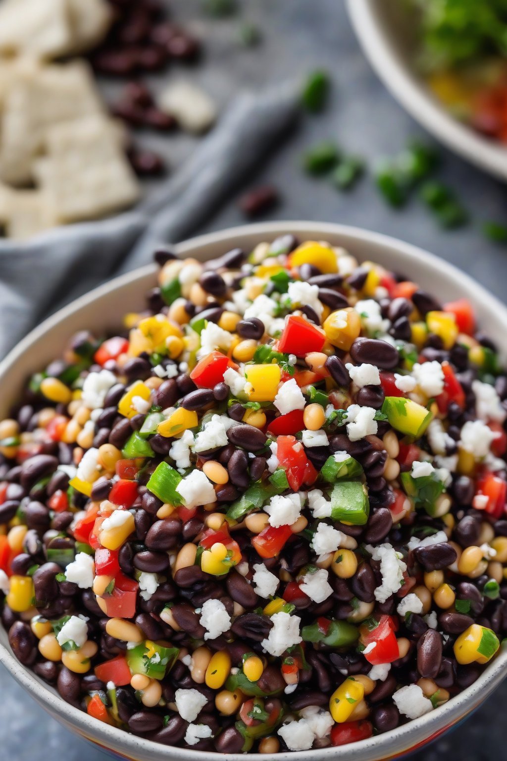 A high-resolution photo of black bean fiesta Cowboy Caviar with feta specks in a festive bowl, steam from fresh prep under soft lighting.